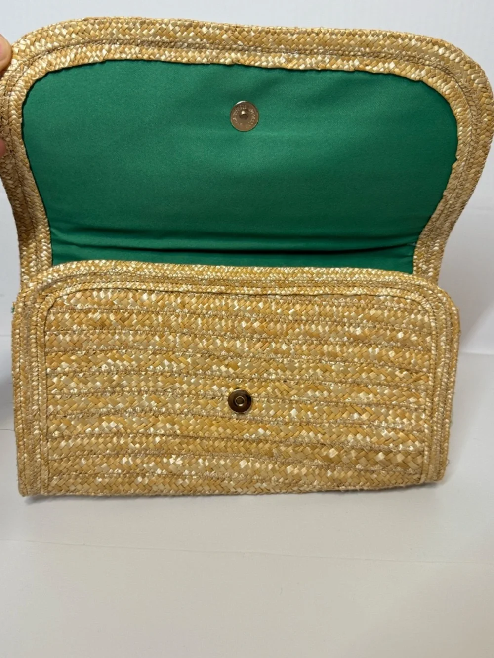 Ann Taylor Straw Raffia Clutch Black Pom Pom Fold Over Envelope Bag